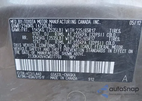 2012 Toyota Rav4 Limited V6 from USA, damaged, VIN 2T3DK4DV4CW077768